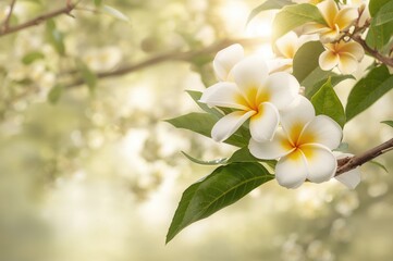 Wall Mural - white petaled frangipani blossoms with pale yellow cores surrounded by green foliage. spa and wellne