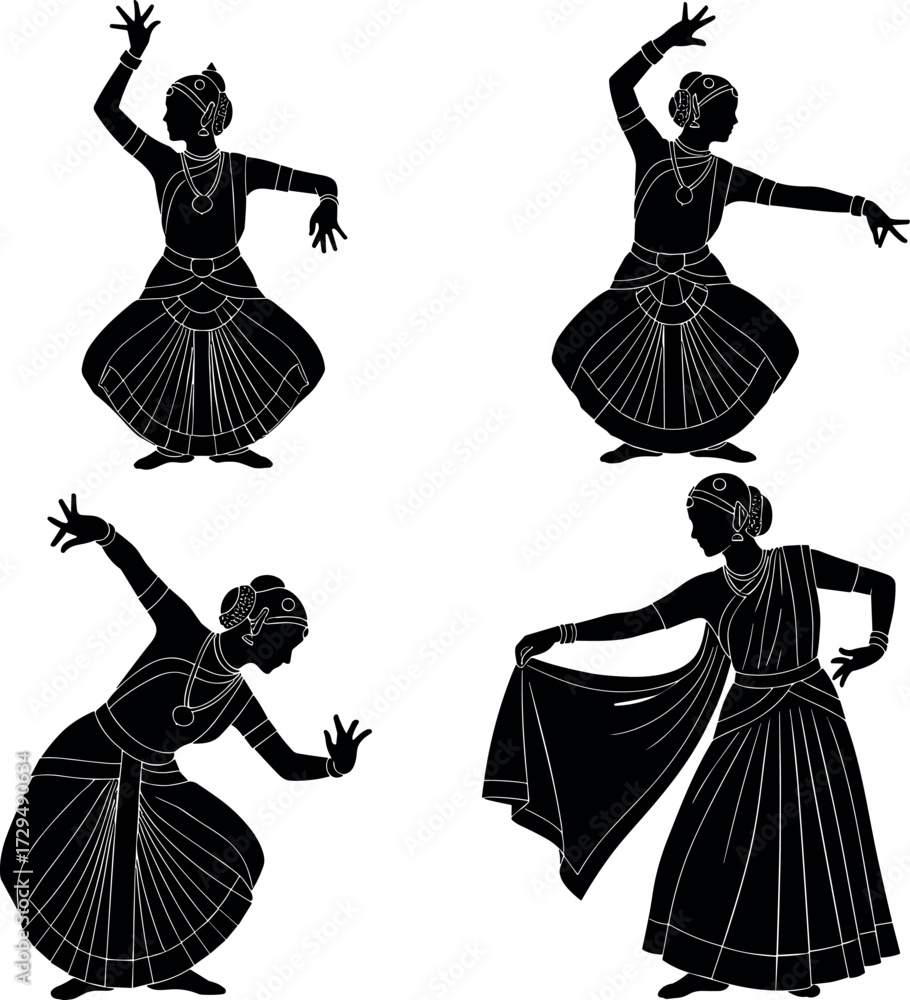 Traditional Indian classical dancers in silhouette performing ...