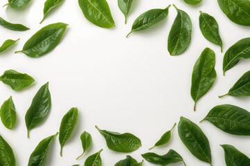 Wall Mural - Top view of vibrant green citrus foliage on a clean white surface with room for text