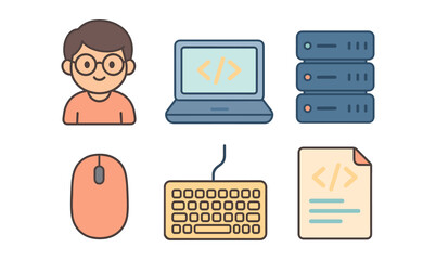 Flat design icons: developer essentials with computer, server, and code elements