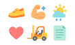 © 123levit - Colorful flat icons of fitness, weather, love, and industry elements