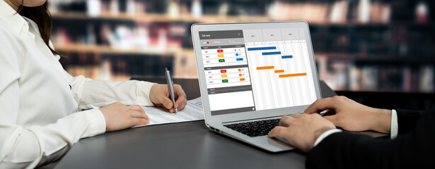 Wall Mural - Project planning software for brisk business project management on the computer screen showing timeline chart of the team project