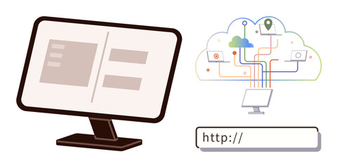 Desktop monitor with interface layout, cloud network with device connections, and web address bar. Ideal for technology, cloud computing, networking, internet, web development, online access digital