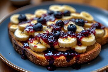Wall Mural - toast topped with blueberry jam and bananas