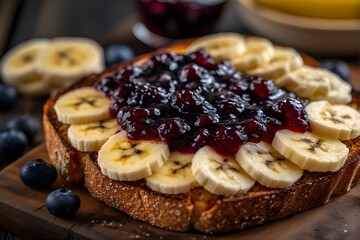 Wall Mural - toast topped with blueberry jam and bananas