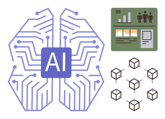 Wall Mural - Neural circuit design with AI interface connecting data analytics panel and blockchain nodes. Ideal for technology, AI development, brain-tech, data science, blockchain, innovation, automation. A