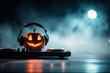 © SKIMP Art - halloween pumpkin dj with headphones on the technics dj console in a dark, foggy background Generative AI