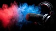 © oksa_studio - Studio recording equipment with a microphone and headphones, surrounded by red and blue smoke, representing sound production and live streaming