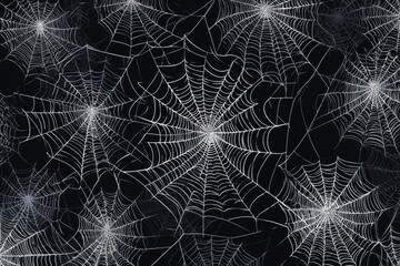 Wall Mural - a pattern of spider webs on a black background features only white lines, with a combination of white and grey colors Generative AI