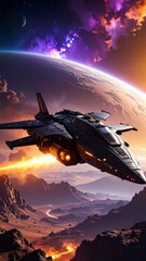 Wall Mural - Futuristic spaceship soaring above alien planet terrain with distant Earth-like planet and nebulous cosmic sky background.