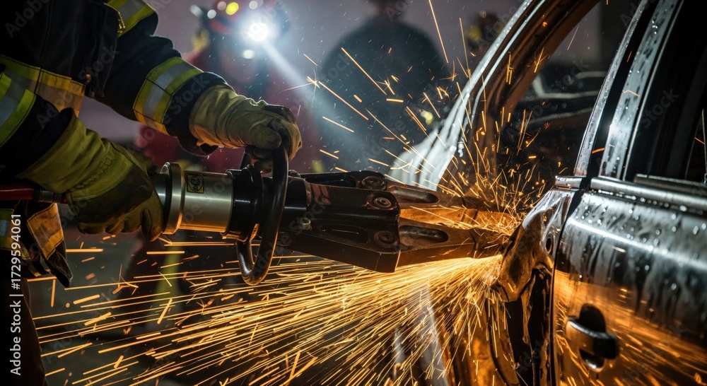 Firefighting Car Scissors Firefighter using hydraulic rescue tool to cut a car door during an ...