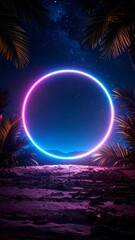 Wall Mural - Tranquil beach scene illuminated by a vibrant neon circle against a starry night sky with tropical palms