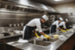 © Adi - Blurred background a restaurant kitchen worker is working washing dishes after being used by customers.