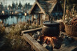 © Thai - Rustic Clay Pot Heating on Fire in Snowy Winter Evening