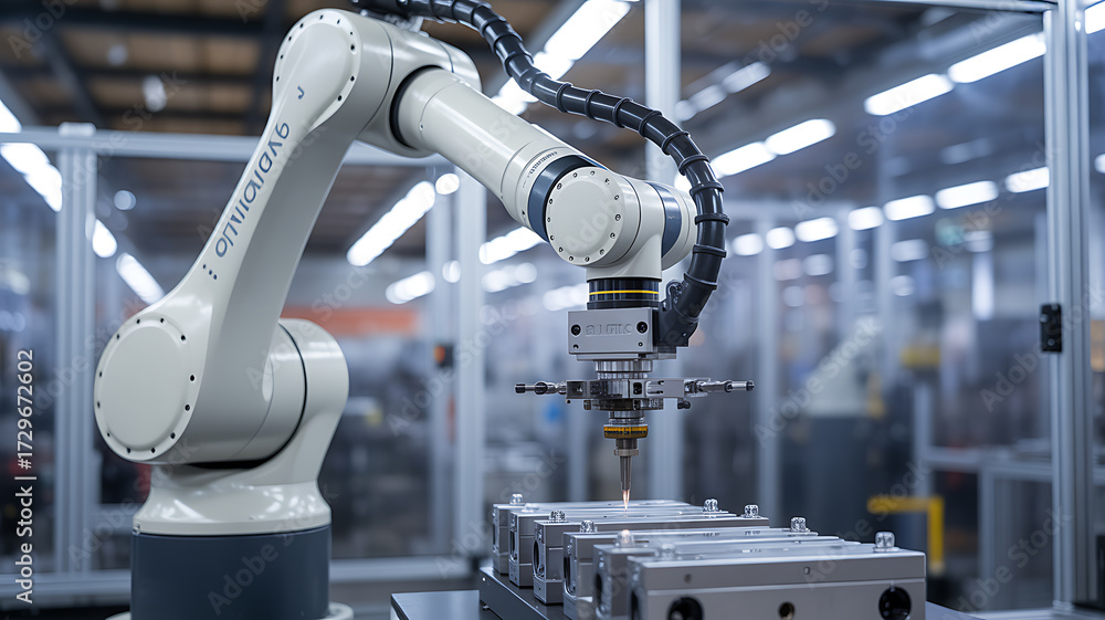 Industrial robotic arm performing precision machining in a modern ...