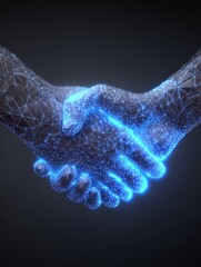 An abstract digital handshake symbolizes agreement and cooperation, depicted with blue glowing nodes and polygonal mesh on a dark background.