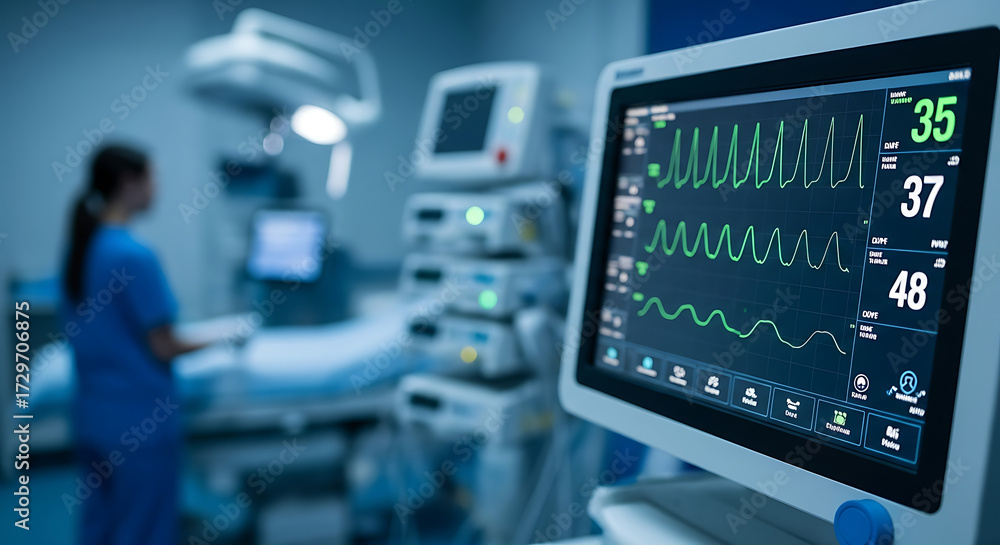 Medical monitor displaying vital signs in a hospital operating room ...