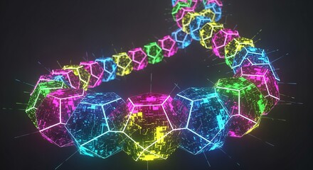 Vibrant, glowing geometric shapes in a futuristic digital network pulse with dynamic energy and data flow