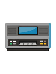 Cartoon representation of a vintage VCR player with blue screen display