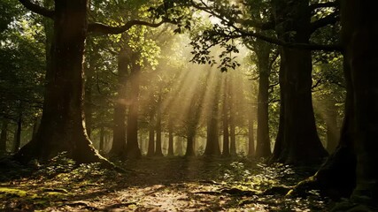 Wall Mural - Sunbeams pierce through an ancient forest canopy, creating a dynamic timelapse of shifting light and shadows on the forest floor tranquil, sunlight, canopy