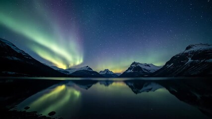 Wall Mural - Stunning Northern Lights Reflecting in Calm Fjord Waters with Distant Peaks Under a Night Sky Timelapse magic, stars, remote