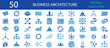 © Fifty Icons - Business architecture solid icons set. Strategy, organization, planning, workflow, process, structure, management, corporate vision and innovation symbols. Editable vector design, business and technol