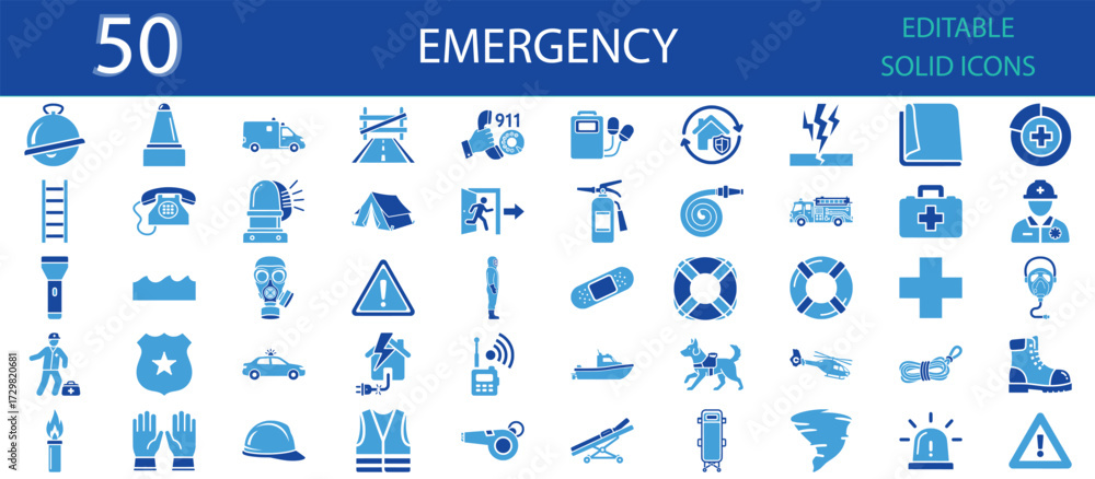 Emergency Solid Icons – Vector Pack of 50 Editable Symbols for Safety ...