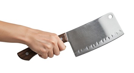 A hand firmly grips a meat cleaver with a wooden handle against a clean white background