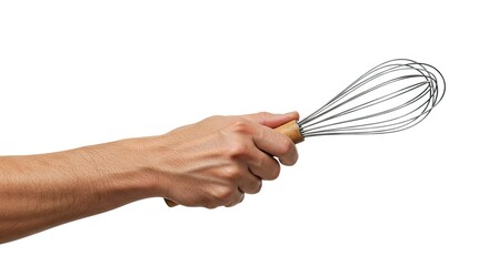 A hand holds a wire whisk with a wooden handle against a white background