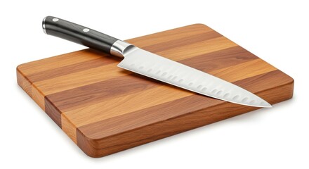 Knife on striped wooden cutting board blade facing right handle up left