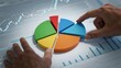 © W - Hands interacting with a 3D pie chart on a digital display showing data analytics and financial graphs