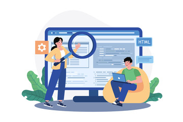 Software Development Team Collaboration With Magnifying Glass on Computer Monitor Screen Illustration on Transparent Background