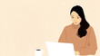 © Beautiful Korea - 편안한 자세로 노트북 화면을 보고있는 젊은 여성의 일러스트-Illustration of a young woman looking at a laptop screen in a comfortable position