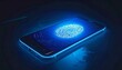 © junasaji - Smartphone authentication with fingerprint scanner on dark background, Modern mobile security using biometric identification system displayed on a glowing screen