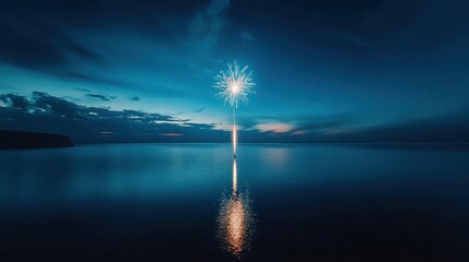 A single firework exploding over calm water at night with a cloudy blue sky reflecting below