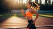 © Heshan - Athletic woman running on track at sunset for fitness campaign or healthy lifestyle promotion