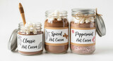 Three glass jars filled with hot cocoa mix ingredients isolated on white background, classic, spiced, and peppermint flavors for a cozy winter treat or homemade gift