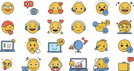 Vector icon pack of cute cartoon smiley characters for online chat, customer support, and social networking