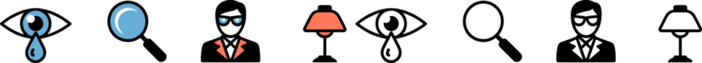Icons set including eye with teardrop magnifying glass person and lamp symbols for various purposes
