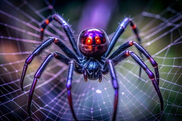 Vibrant Purple Spider on Web Close Up Macro Detailed Arachnid