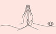 © Dhalu - Minimalist continuous line drawing of hands in prayer or namaste gesture with a single lotus flower on a soft blush pink background symbolizing peace and spirituality