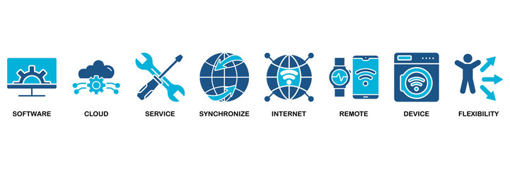 SaaS icon set vector illustration concept for software, cloud, service, synchronize, internet, remote, device and flexibility