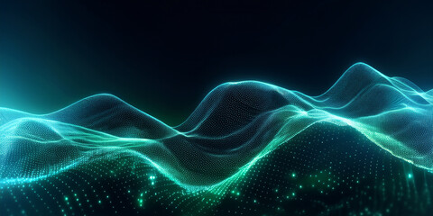 Abstract glowing digital wave pattern with particle effects on a dark background