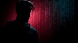 © Thares2020 - Silhouette of a person in a hoodie against a digital background of binary code with red and blue neon light
