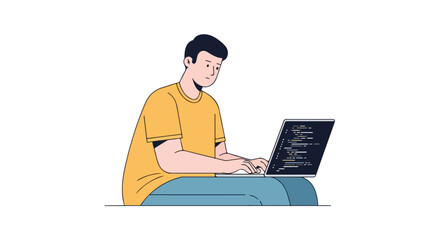 Focused young developer coding on laptop, working remotely on software project with white background and minimalist character design elements