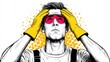 © IlyaMyagkov - Overwhelmed Worker: A sketch-style illustration captures a male worker in yellow gloves and safety goggles, expressing the weight of his responsibilities with hands on his head.