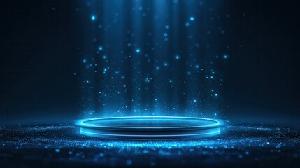 Wall Mural - Empty blue podium floating in the air with blue neon ring on background.Magic fantasy portal. Magic circle teleport podium with hologram effect. Abstract high tech futuristic technology design