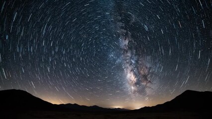 Wall Mural - Astrophotography timelapse captures the stunning rotation of stars across a vast desert night sky space, natural, twinkle