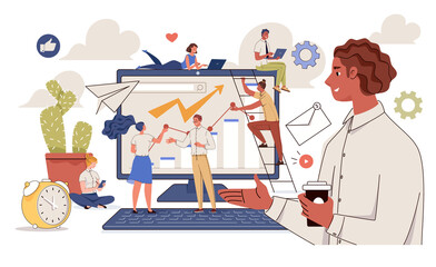 Businesswoman Presenting Data Visualization with Team and Desktop Monitor on Transparent Background