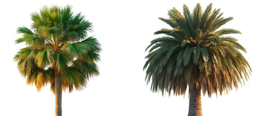 Two palm trees with green and brown leaves, isolated on transparent background, perfect for tropical landscape design or vacationthemed graphics
